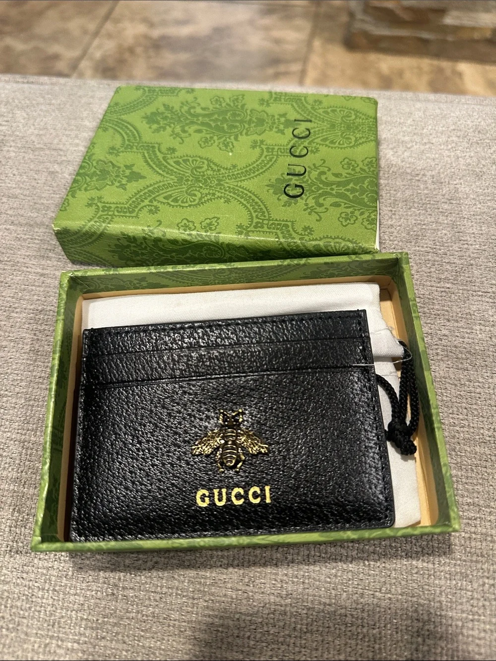 Black Leather Card Holder with Gold Bee